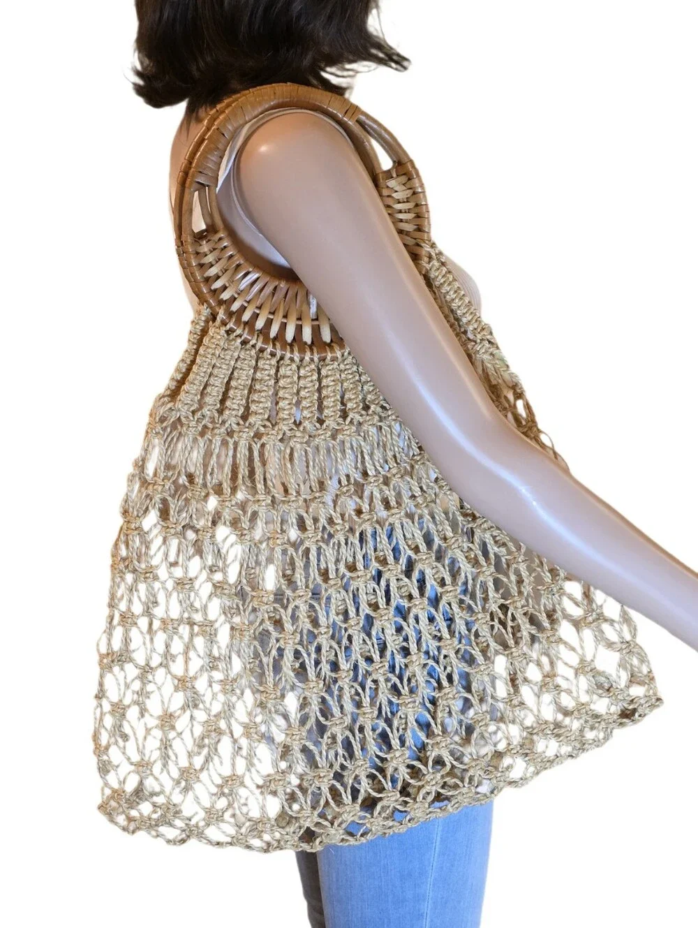 VTG Boho Macrame Straw Net Shoulder Bag Wooden Handle EUC